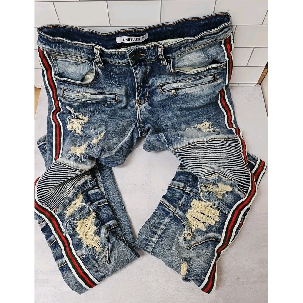Streetwear Jeans Moto Thrashed Grunge  Distressed Embellish Jeans 32